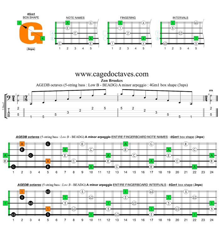 AGEDB octaves A minor arpeggio (3nps) : 4Gm1 box shape