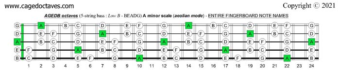 AGEDB octaves fingerboard A minor scale (aeolian mode) note names