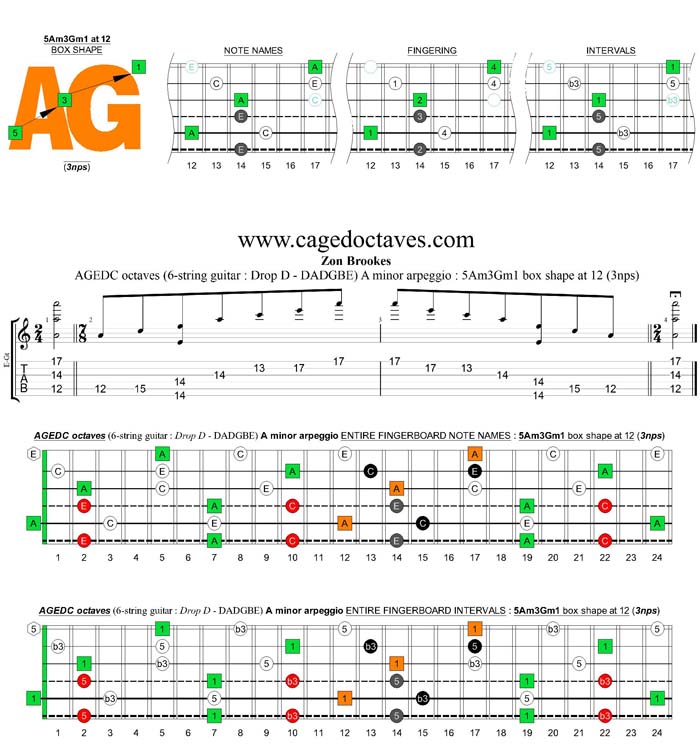 AGEDC octaves (6-string guitar - Drop D: DADGBE) A minor arpeggio : 5Am3Gm1 box shape at 12 (3nps)