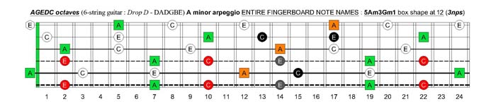 AGEDC octaves (6-string guitar - Drop D: DADGBE) A minor arpeggio : 5Am3Gm1 box shape at 12 (3nps)