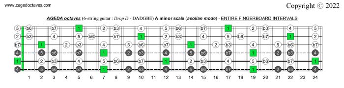 AGEDC octaves (6-string guitar : Drop D - DADGBE) A minor scale (aeolian mode) fretboard intervals