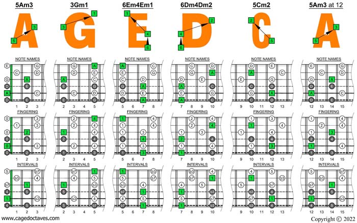 A pentatonic minor scale (6-string guitar : Drop D - DADGBE) box shapes