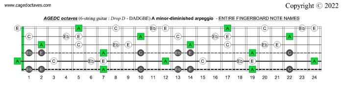 AGEDC octaves (6-string guitar : Drop D - DADGBE) A minor-diminished arpeggio fretboard notes