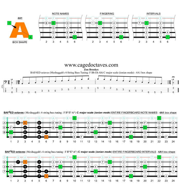 Meshuggah's 4-string bass tuning (FBbEbAb) C major scale (ionian mode): 4A1 box shape