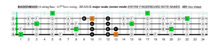 BAGED4BASS 4-string bass (4/5ths bass tuning - BEAD) C major scale (ionian mode): 4D1 box shape
