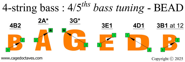 BAGED4BASS (4/5ths bass tuning - BEAD) fingerboard : C natural octave shapes