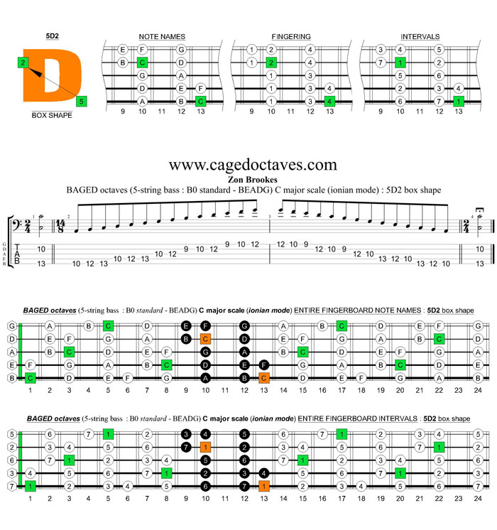 BAGED octaves (5-string bass : B0 standard - BEADG) C major scale (ionian mode) : 5D2 box shape