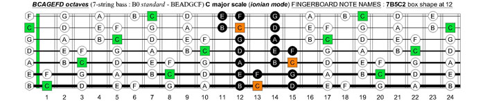 BCAGEFD octaves (7-string bass : B0 standard - BEADGCF) C major scale (ionian mode) : 7B5C2 box shape at 12