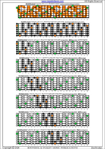 BCAGEFD octaves 7-string bass (B0 standard - BEADGCF) C major scale (ionian mode) box shapes : entire fretboard notes