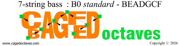 BCAGEFD octaves logo: 7-string bass (B0 standard - BEADGCF)
