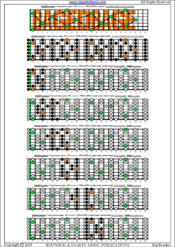 BAGED octaves 7-string guitar (F#1 standard - F#BEADF#B) C major scale (ionian mode) box shapes : entire fretboard notes