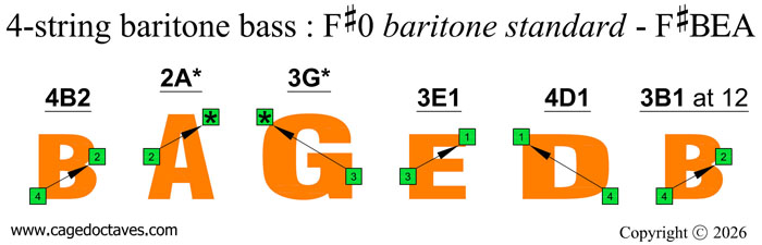 BAGED4BASS 4-string baritone bass (F#0 baritone standard F#BEA) fingerboard : C natural octave shapes