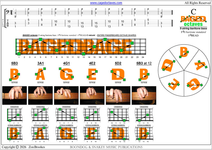 BAGED octaves 5-string baritone bass (F#0 baritone standard - F#BEAD) C natural octaves shapes pdf