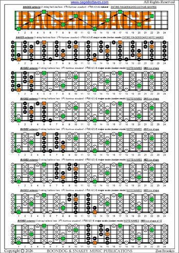 BAGED octaves 5-string baritone bass (F#0 baritone standard - F#BEAD) C major scale (ionian mode) : entire fretboard notes pdf