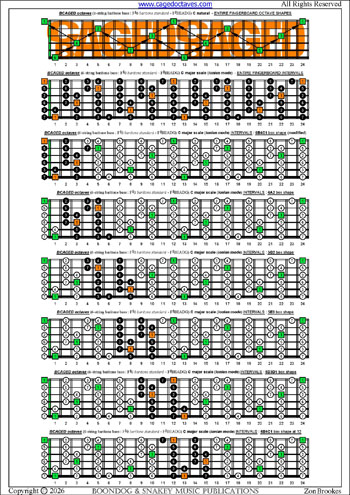 BCAGED octaves (6-string bass : B0 standard - BEADGC) C major scale (ionian mode) box shapes : entire fretboard intervals