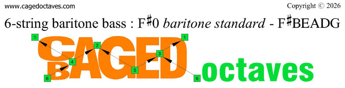 BAGED octaves logo: 6-string baritone bass (F#0 baritone standard - F#BEADG)