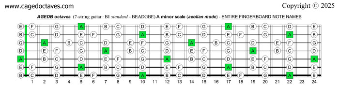 AGEDB octaves (7-string guitar : B1 standard - BEADGBE): A minor scale (aeolian mode) entire fretboard notes