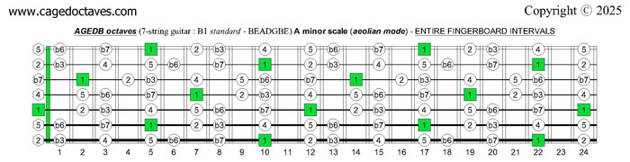 AGEDB octaves (7-string guitar : B1 standard - BEADGBE): A minor scale (aeolian mode) entire fretboard intervals