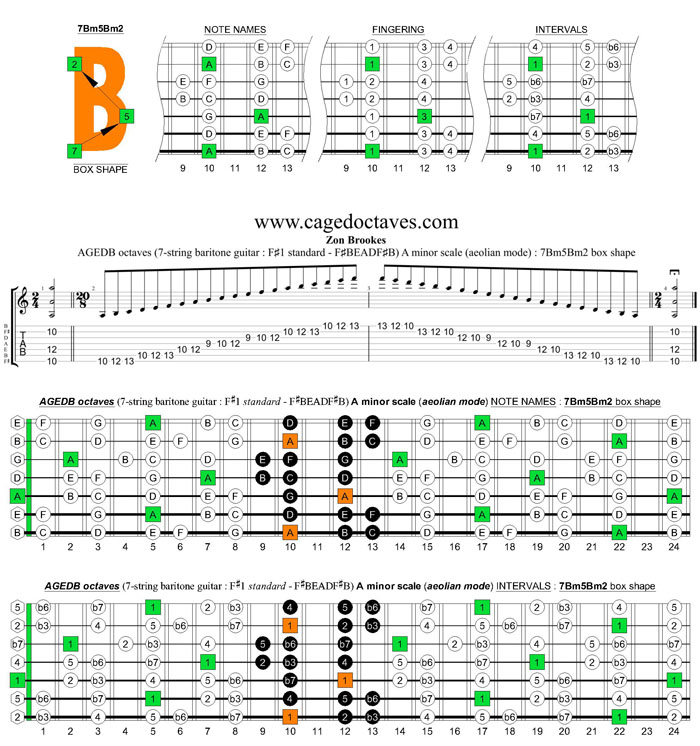 AGEDB octaves (7-string baritone guitar : F#1 standard - F#BEADF#B) A minor scale (aeolian mode) : 7Bm5Bm2 box shape
