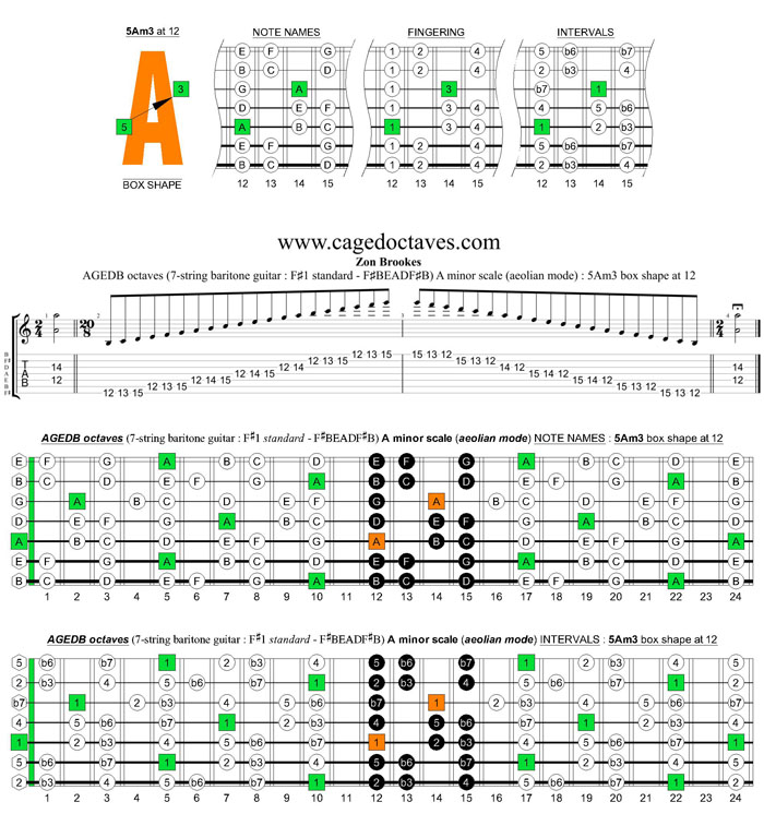 AGEDB octaves (7-string baritone guitar : F#1 standard - F#BEADF#B) A minor scale (aeolian mode) : 5Am3 box shape at 12