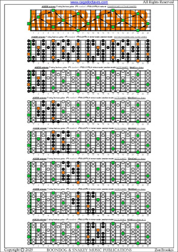AGEDB octaves (7-string baritone guitar : F#1 standard - F#BEADF#B) A minor scale (aeolian mode) box shapes : entire fretboard notes