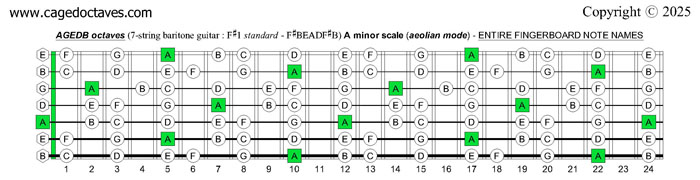 AGEDB octaves 7-string baritone guitar (F#1 standard - F#BEADF#B): A minor scale (aeolian mode) entire fretboard notes