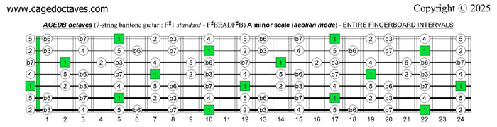 AGEDB octaves 7-string baritone guitar (F#1 standard - F#BEADF#B): A minor scale (aeolian mode) entire fretboard intervals