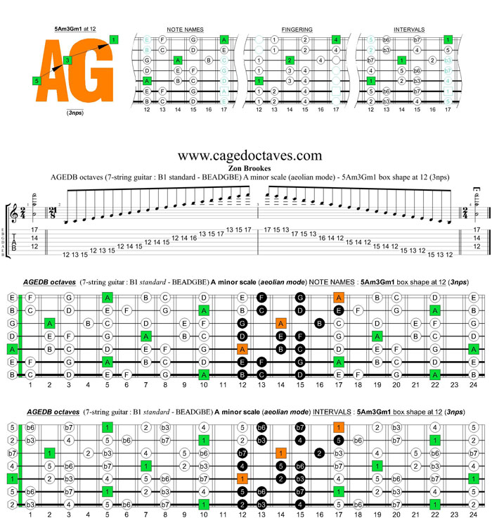 AGEDB octaves (7-string guitar : B1 standard - BEADGBE) A minor scale (aeolian mode) : 5Am3Gm1 box shape at 12 (3nps)