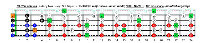 CAGFD octaves (5-string bass : Drop D + High C - DADGC) C major scale (ionian mode): 4C1 box shape (modified fingering)