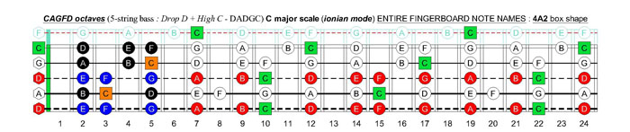 CAGFD octaves (5-string bass : Drop D + High C - DADGC) C major scale (ionian mode): 4A2 box shape