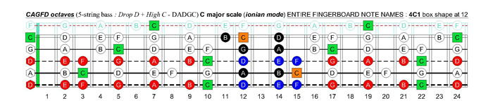 CAGFD octaves (5-string bass : Drop D + High C - DADGC) C major scale (ionian mode): 4C1 box shape at fret 12