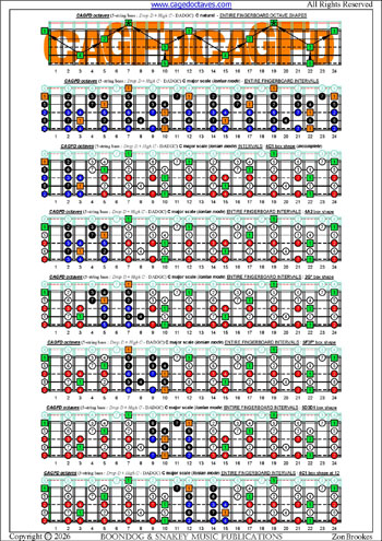 CAGFD octaves (5-string bass : Drop D + High C - DADGC) C major scale (ionian mode) box shapes: fretboard intervals