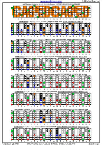 CAGFD octaves (6-string bass : Drop D - DADGCF) C major scale (ionian mode) box shapes: fretboard intervals