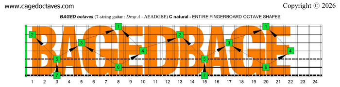 C natural octaves (7-string guitar : Drop A - AEADGBE) BAGED octaves fretboard